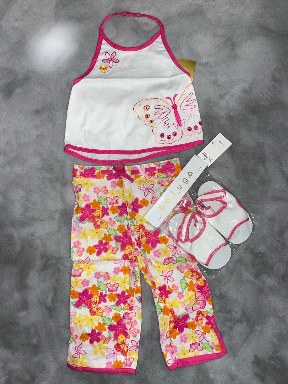 💐NWT Beluga Brand Girls Floral Butterfly Pant Set in White & Pink